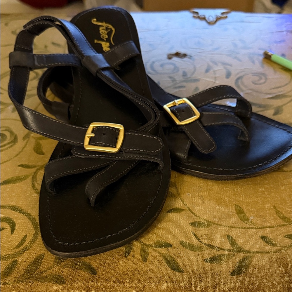 Free people Black Strappy Sandals with Gold Buckles